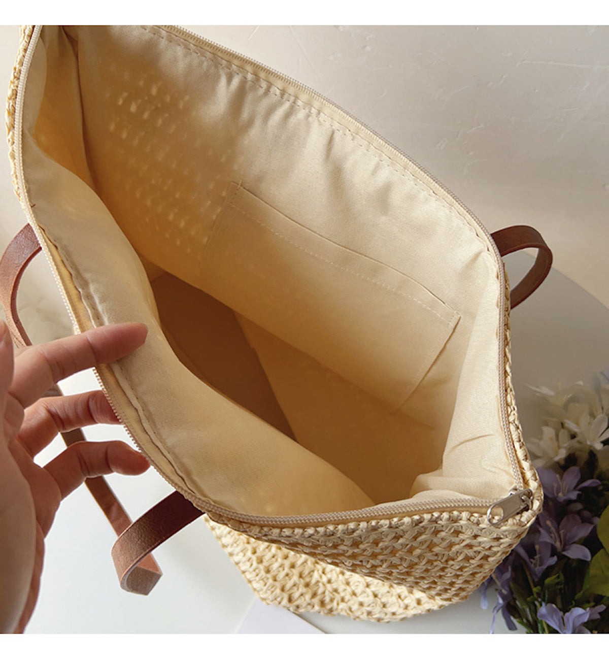 SummerBreeze Tote - Stijlvolle Rieten Tas met Leren Handvatten