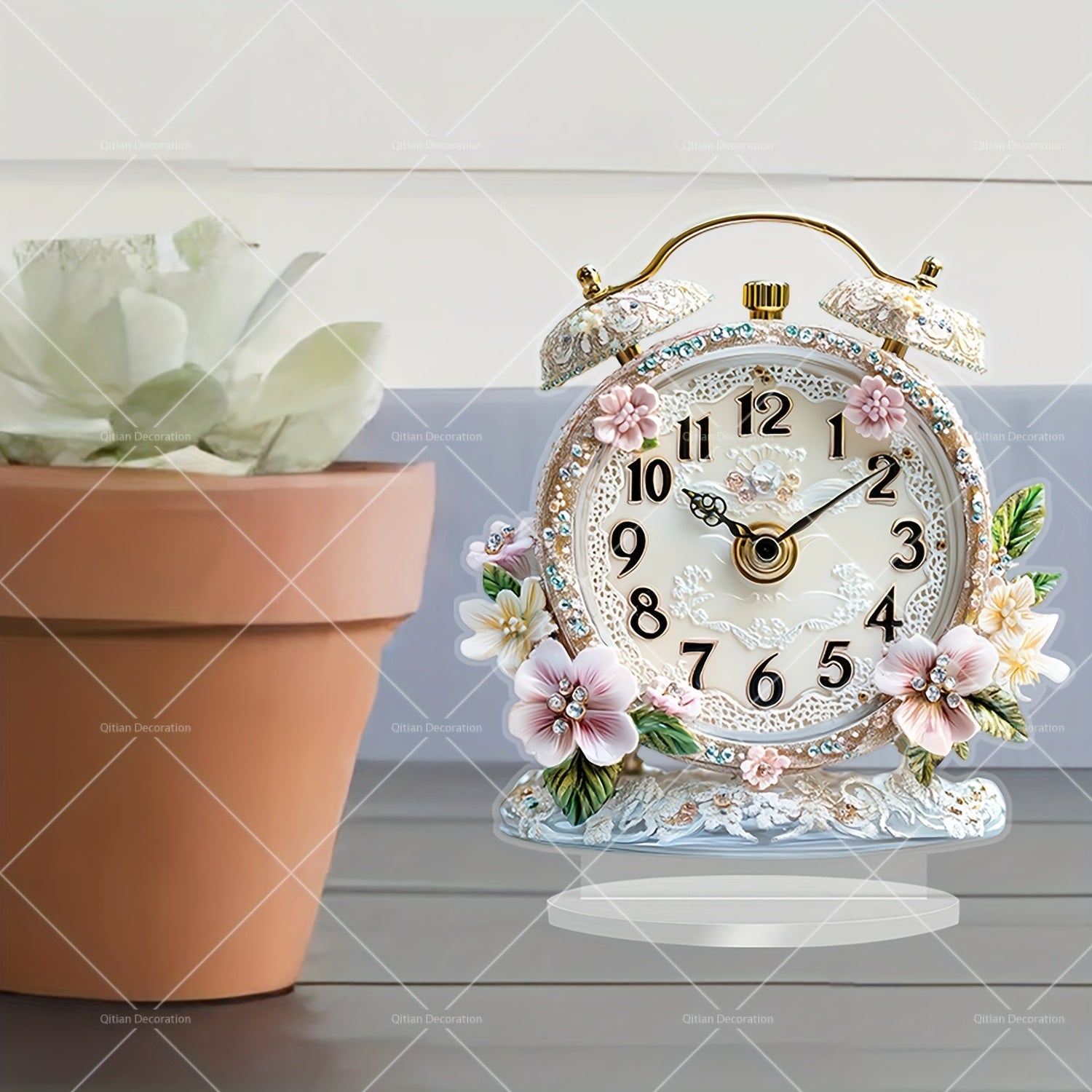 GlamTime Clock - Luxe Acryl Bloemen Wecker met Edelsstenen