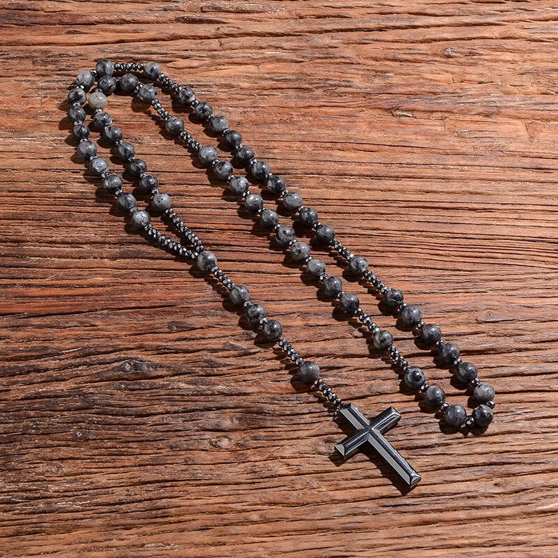 Stylish Men's Tiger Eye and Lapis Lazuli Cross Rosary Necklace - Orion Collection