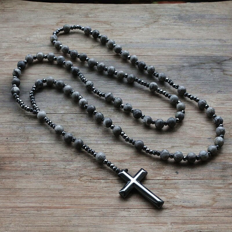 Stylish Men's Tiger Eye and Lapis Lazuli Cross Rosary Necklace - Orion Collection