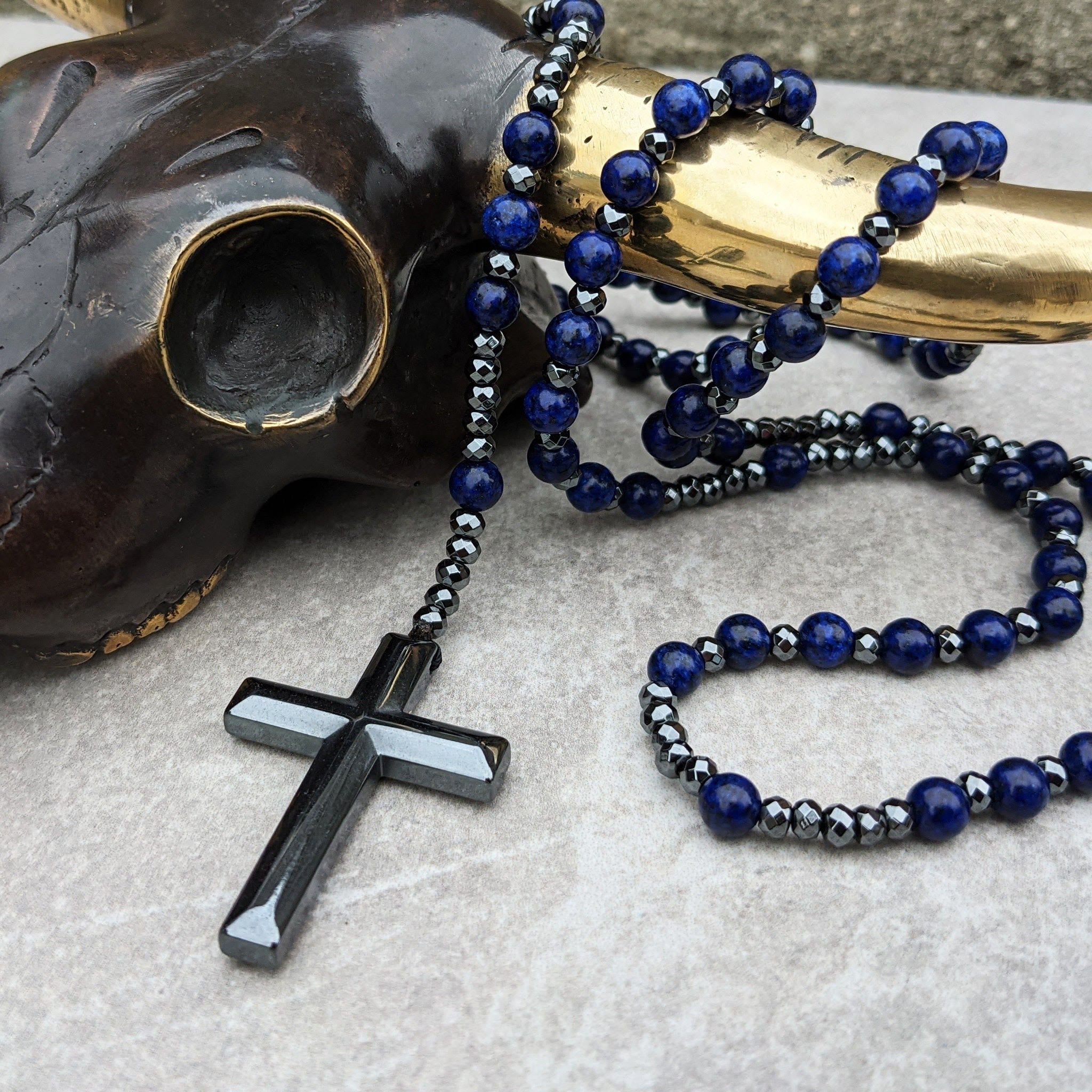 Stylish Men's Tiger Eye and Lapis Lazuli Cross Rosary Necklace - Orion Collection