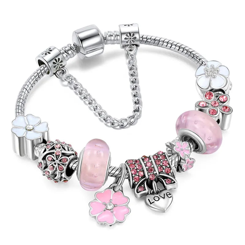 CharmBracelet 925 - Elegante Zilveren Armband met Bloemen