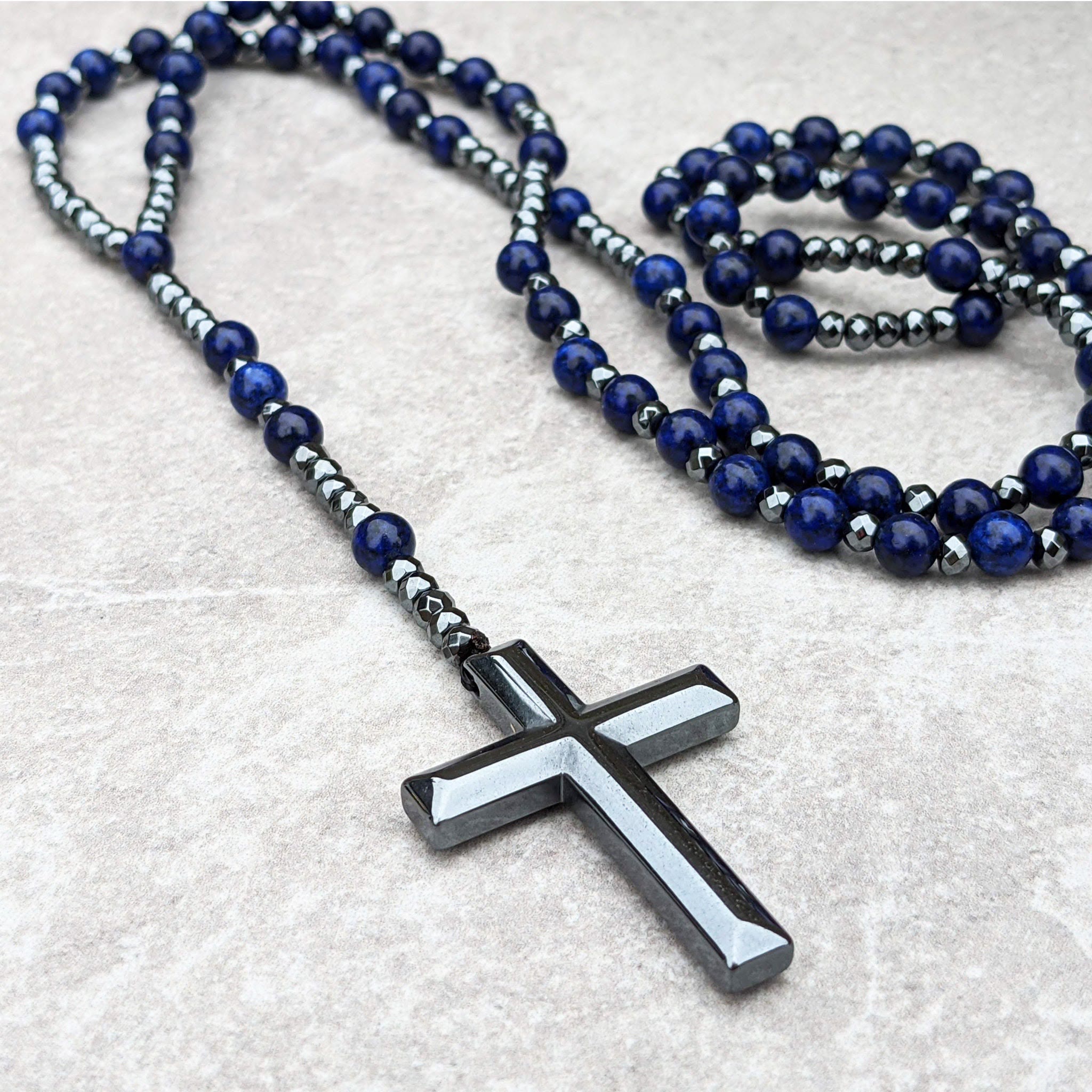 Stylish Men's Tiger Eye and Lapis Lazuli Cross Rosary Necklace - Orion Collection