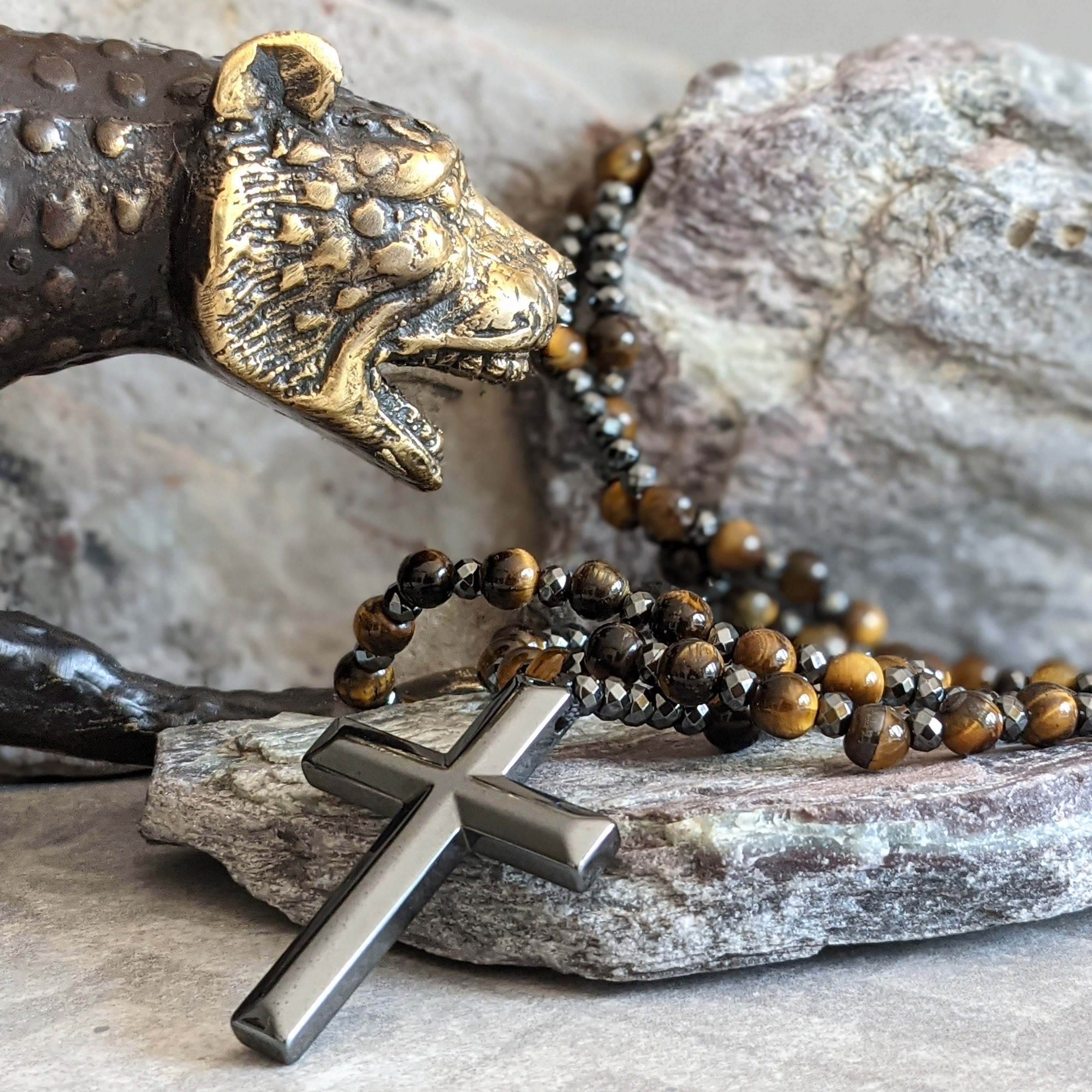 Stylish Men's Tiger Eye and Lapis Lazuli Cross Rosary Necklace - Orion Collection