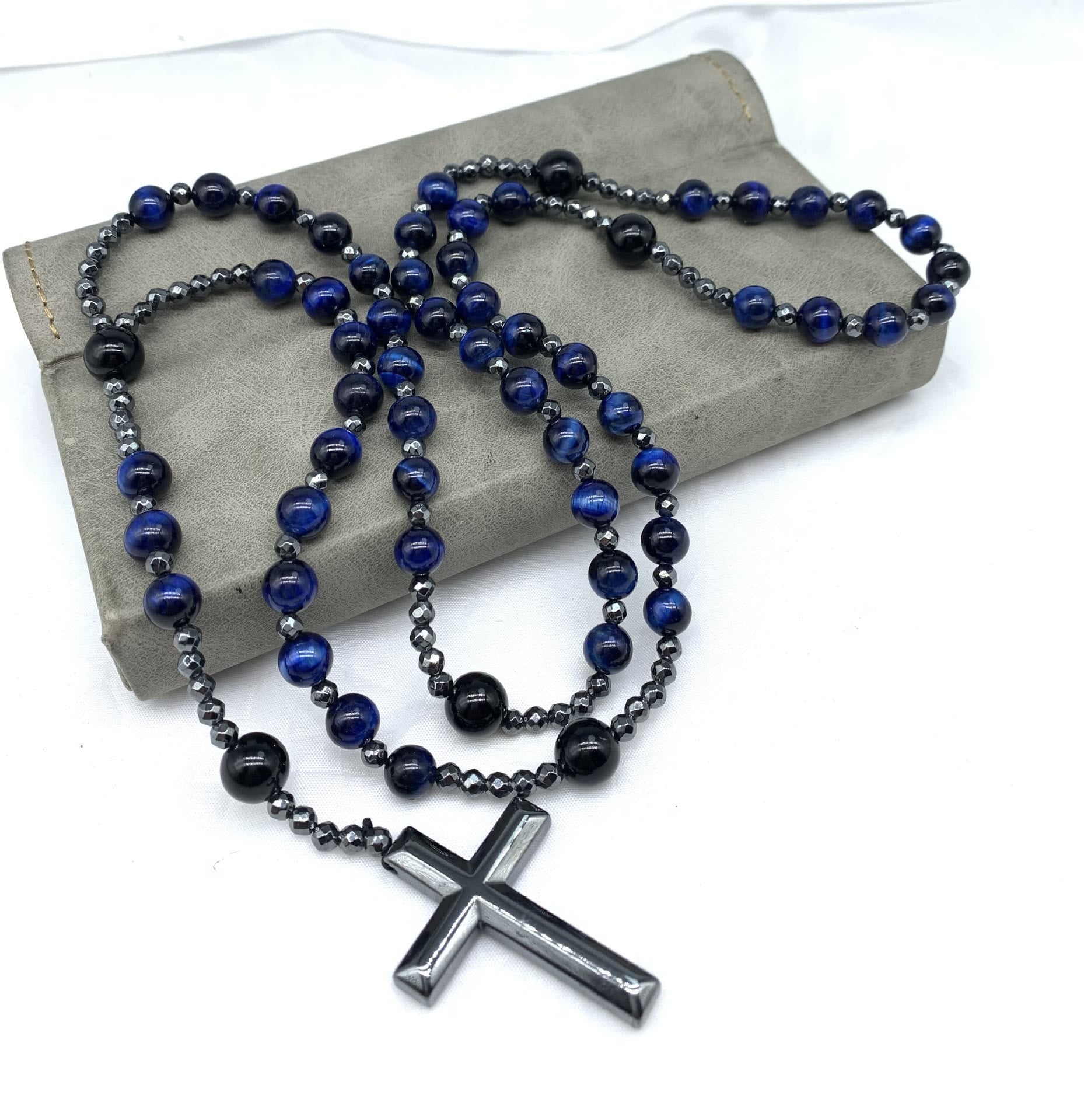 Stylish Men's Tiger Eye and Lapis Lazuli Cross Rosary Necklace - Orion Collection