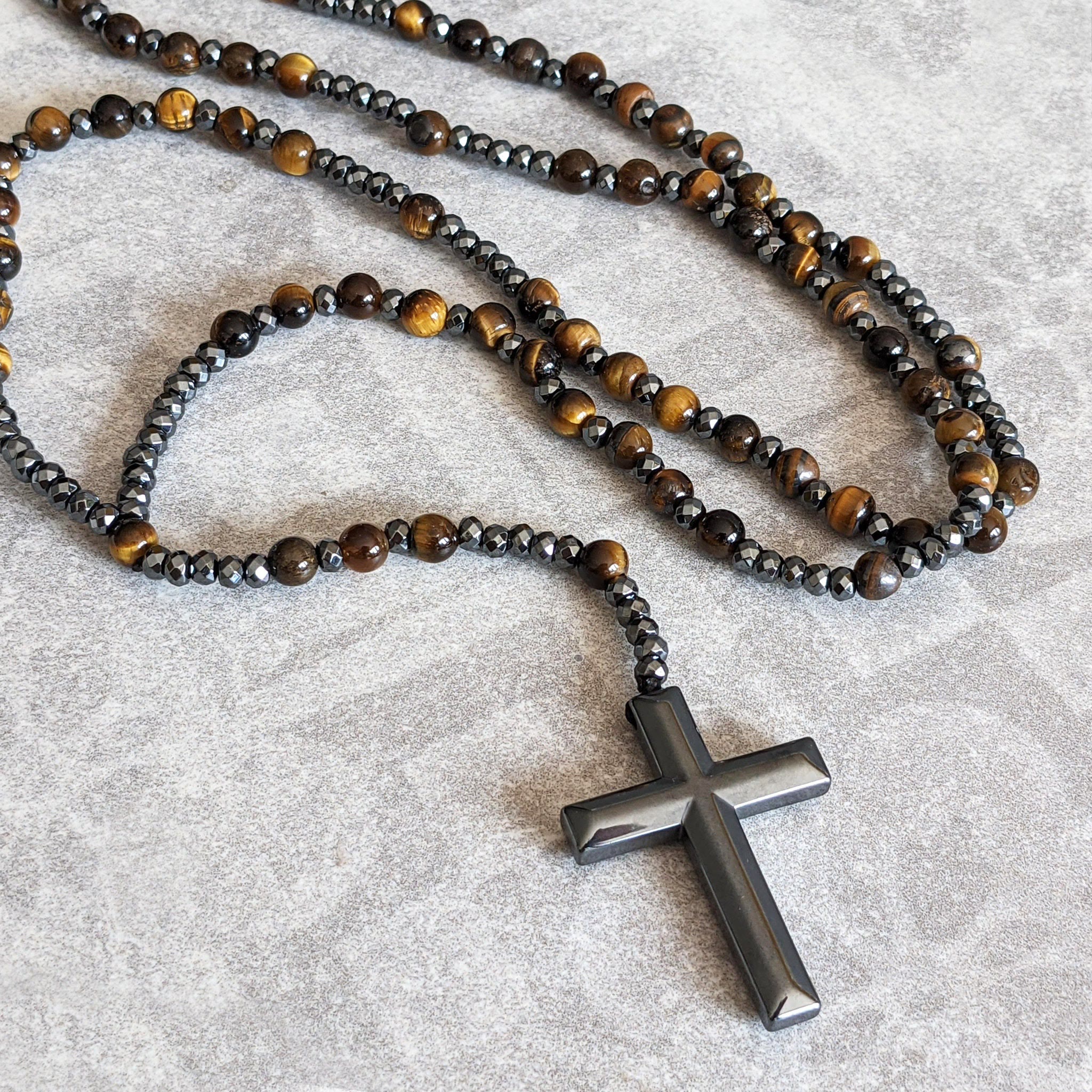 Stylish Men's Tiger Eye and Lapis Lazuli Cross Rosary Necklace - Orion Collection