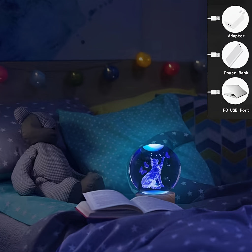 CrystalGlow – 3D Kristallen Bol Nachtlamp met Houten Basis