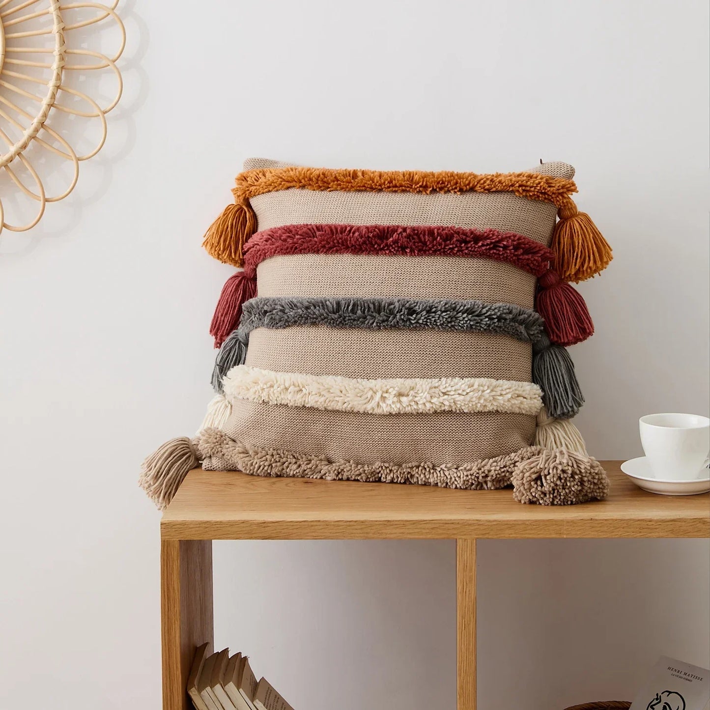 Bohemien Velour Kussenhoes - Geweven Kussenhoes met Kleurrijke Strepen en Franjes
