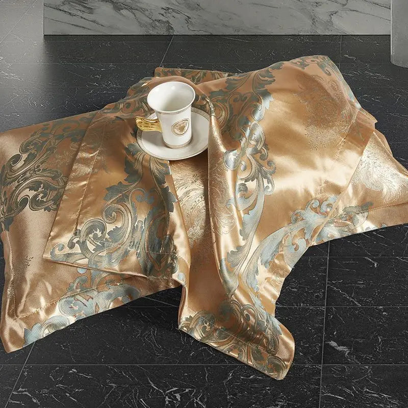 Luxueuze Satijn Rayon Jacquard Dekbedovertrek in Goud & Blauw