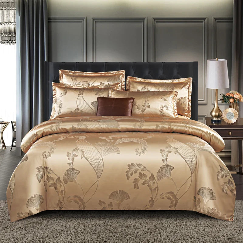 Luxueuze Satijn Rayon Jacquard Dekbedovertrek in Goud & Blauw