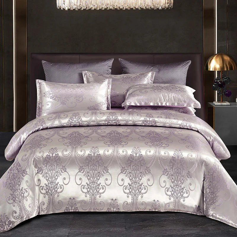 Luxueuze Satijn Rayon Jacquard Dekbedovertrek in Goud & Blauw