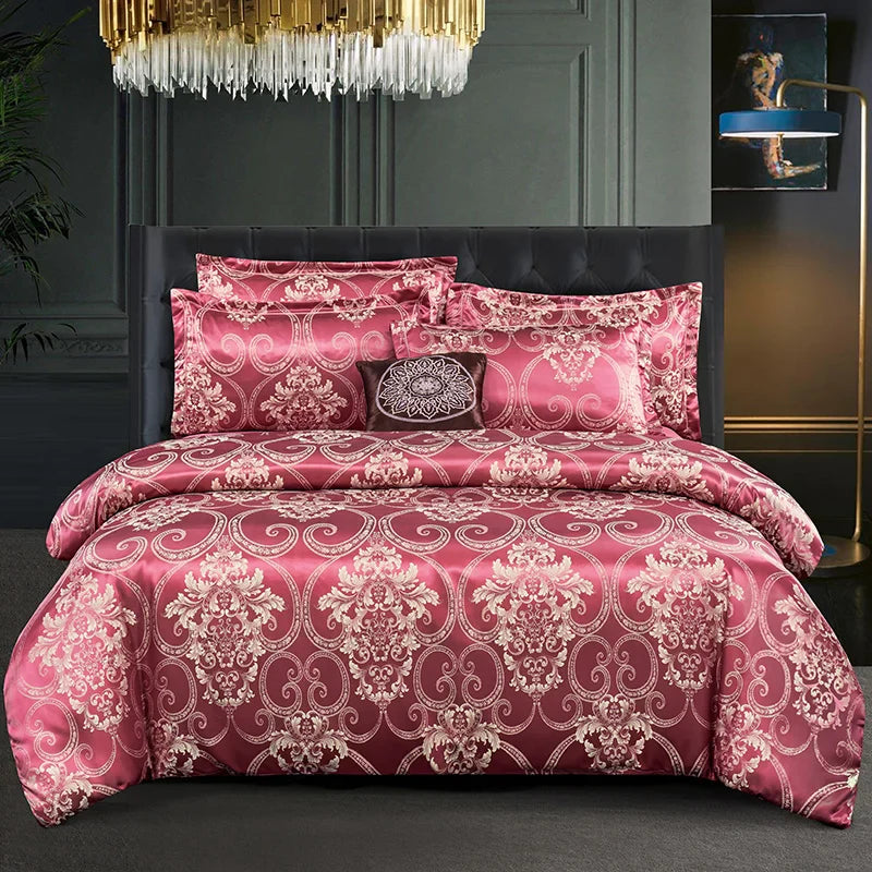 Luxueuze Satijn Rayon Jacquard Dekbedovertrek in Goud & Blauw