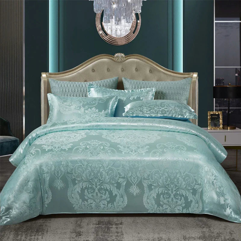 Luxueuze Satijn Rayon Jacquard Dekbedovertrek in Goud & Blauw