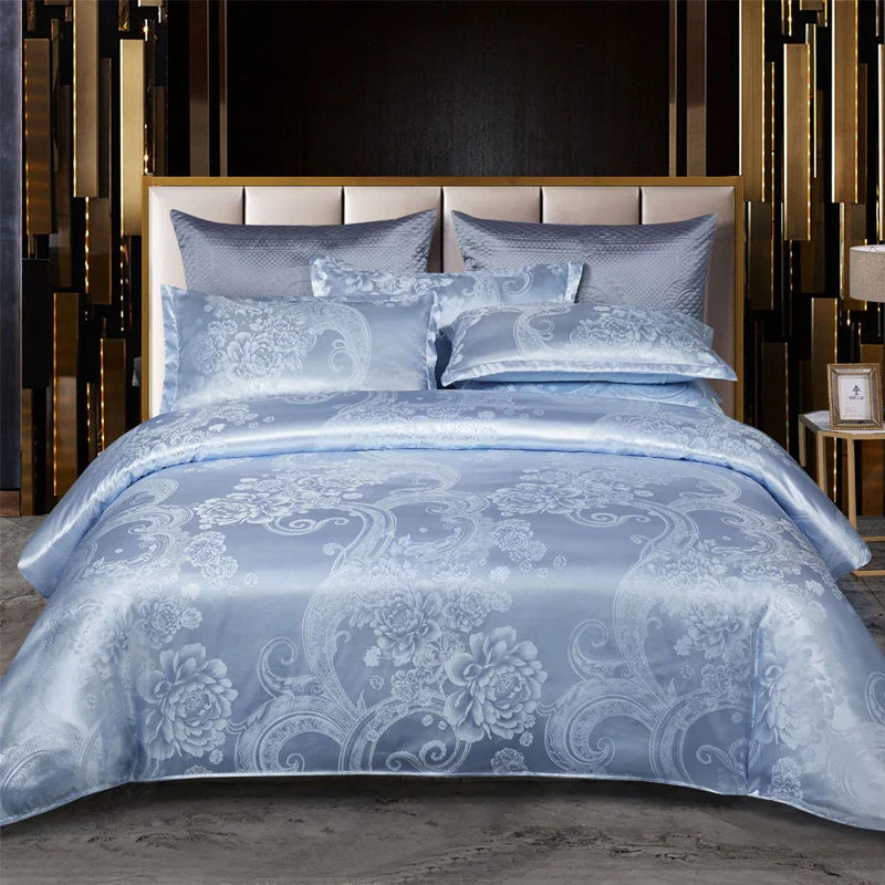 Luxueuze Satijn Rayon Jacquard Dekbedovertrek in Goud & Blauw