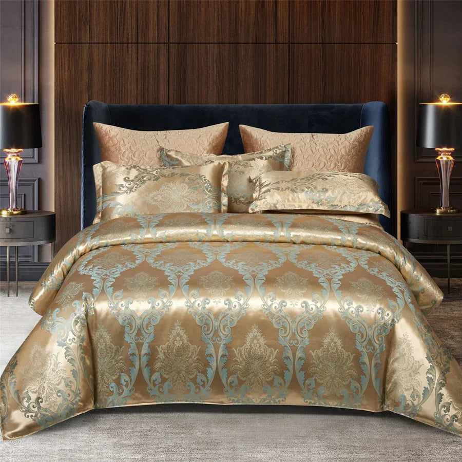 Luxueuze Satijn Rayon Jacquard Dekbedovertrek in Goud & Blauw