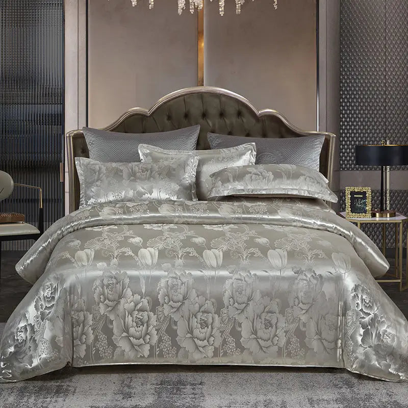 Luxueuze Satijn Rayon Jacquard Dekbedovertrek in Goud & Blauw