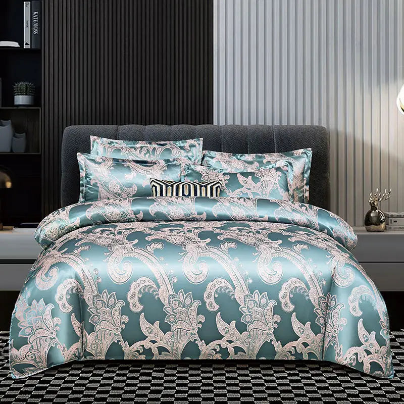 Luxueuze Satijn Rayon Jacquard Dekbedovertrek in Goud & Blauw