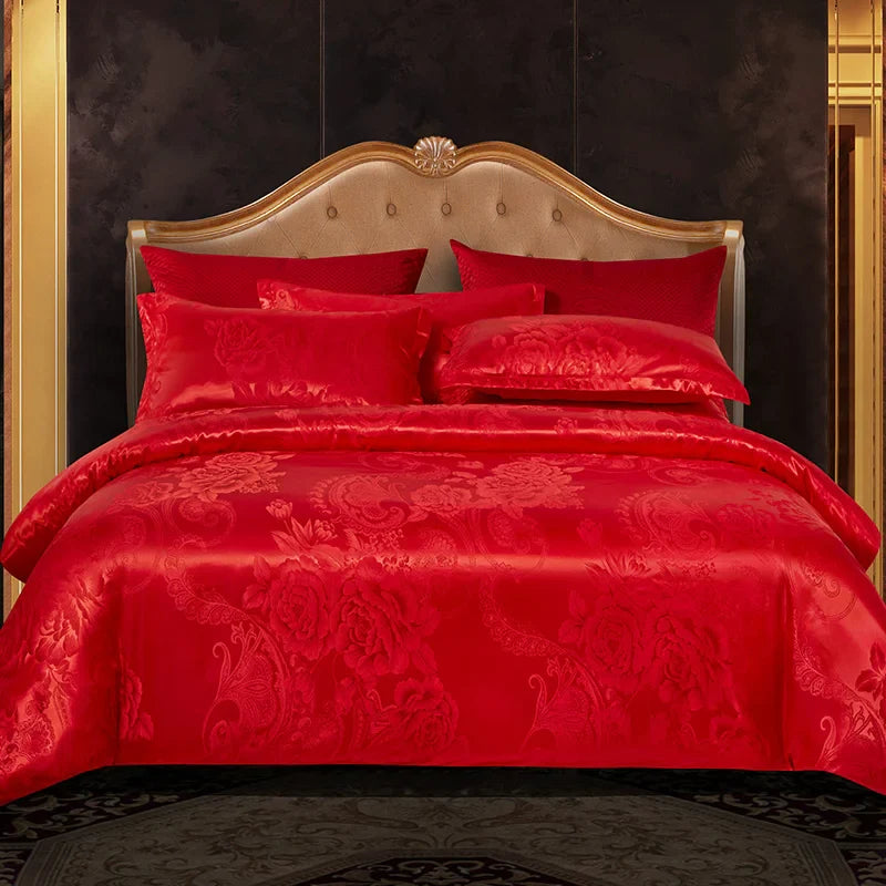 Luxueuze Satijn Rayon Jacquard Dekbedovertrek in Goud & Blauw