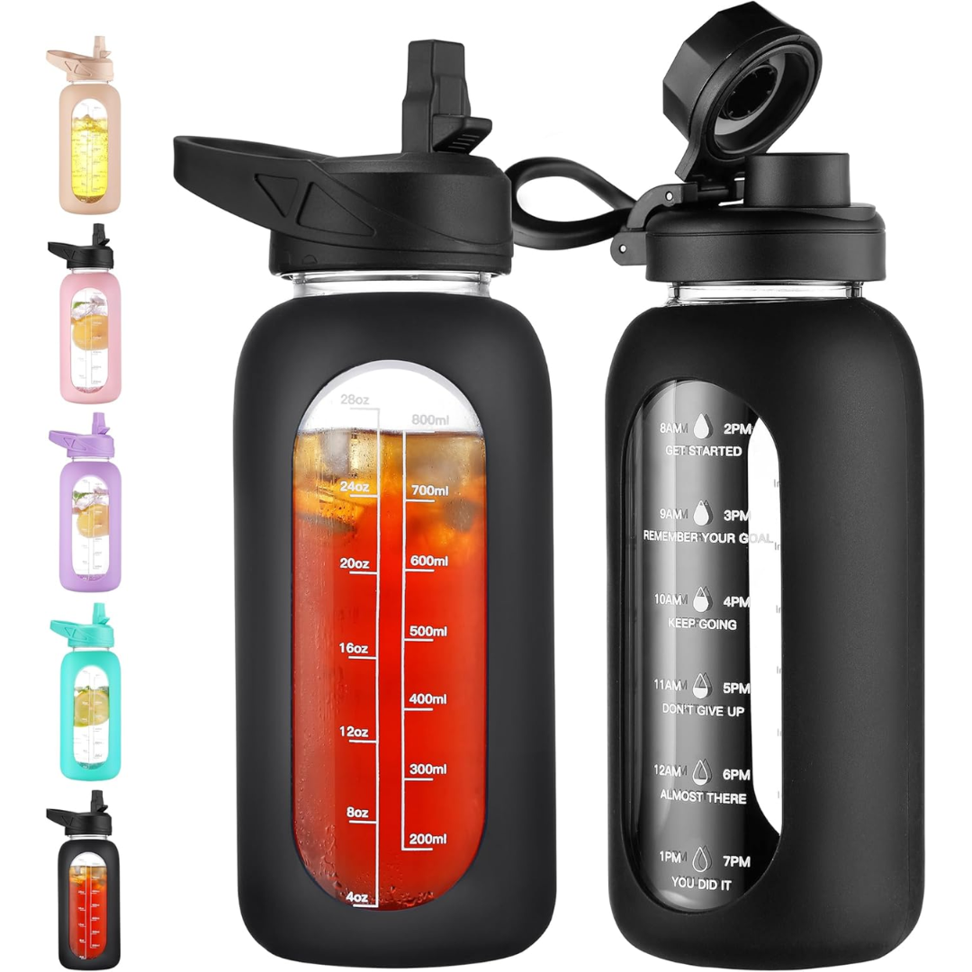 HydroGlow - Motiverende Glazen Waterfles 900ml met Rietje