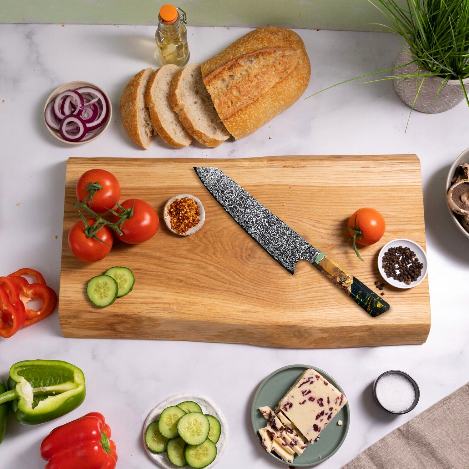 Culinaire Perfectie - SmaragdMes: Japans Koksmes met Damas Staal