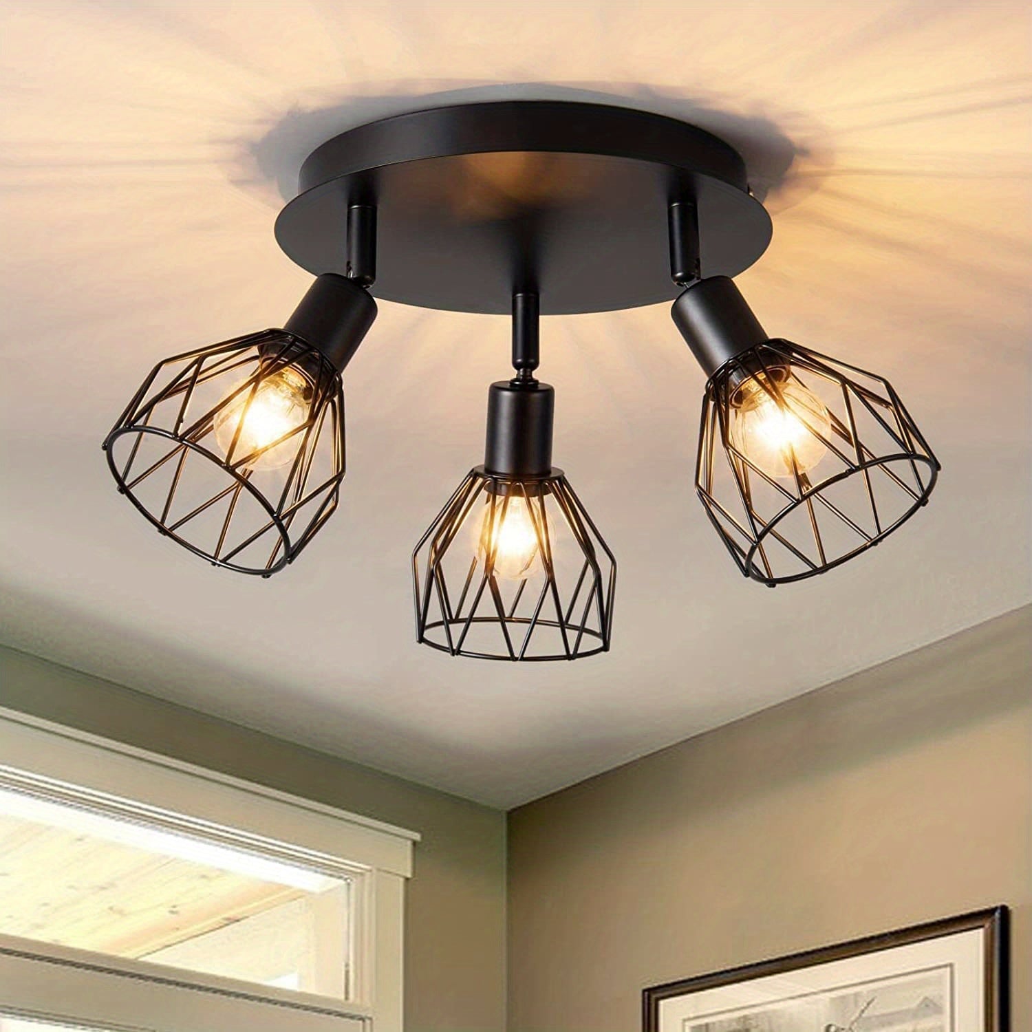 RusticGlow Lamp - Landelijke Zwarte Plafondlamp met Draaibare Kappen