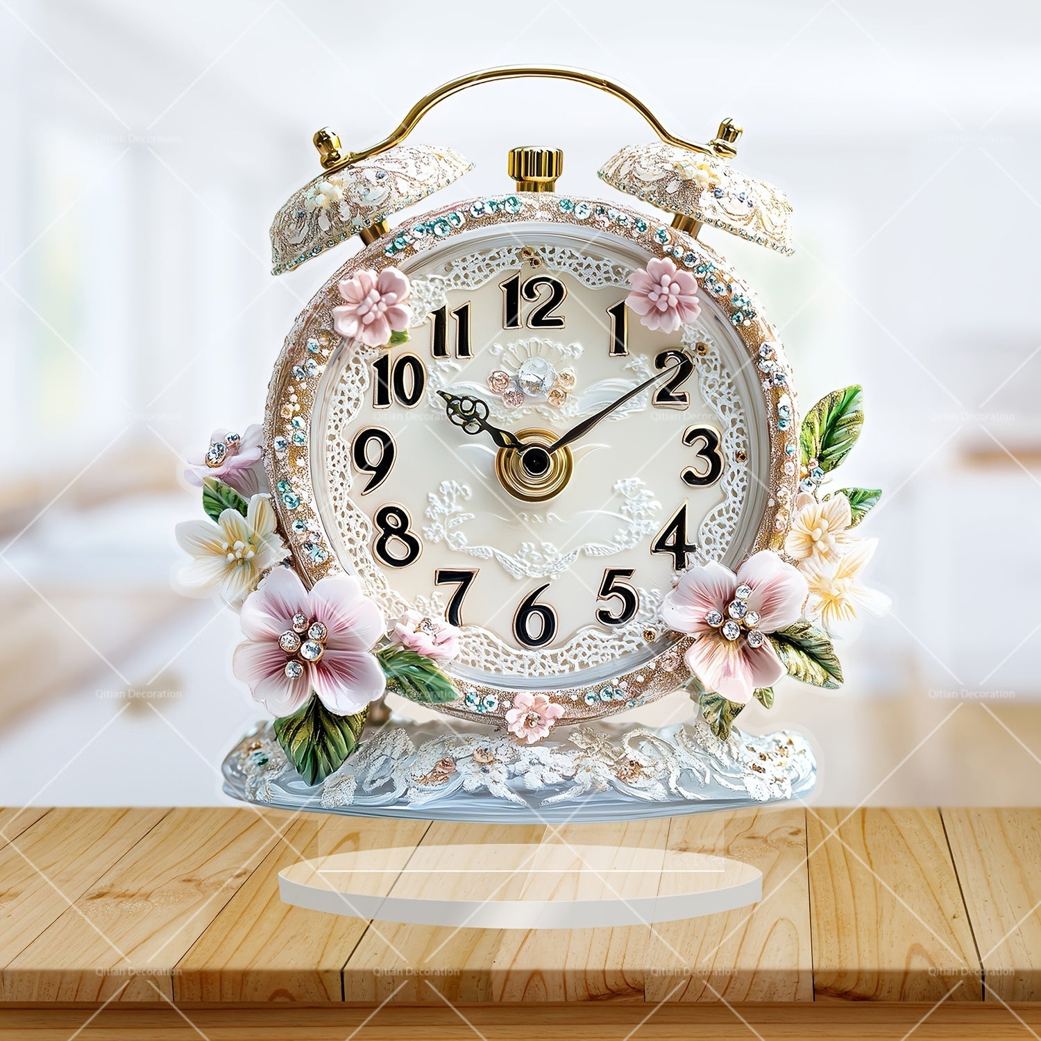 GlamTime Clock - Luxe Acryl Bloemen Wecker met Edelsstenen