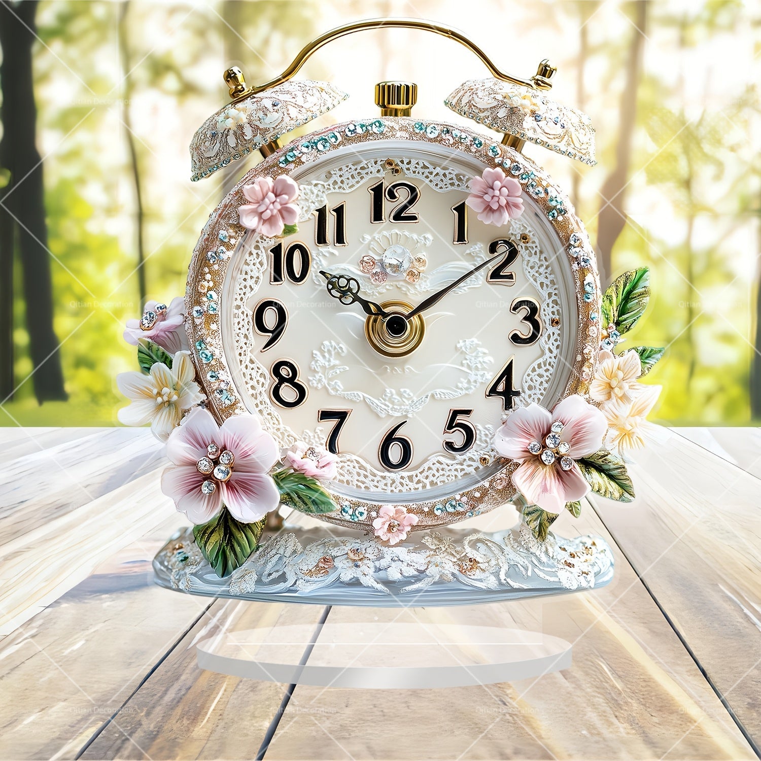 GlamTime Clock - Luxe Acryl Bloemen Wecker met Edelsstenen