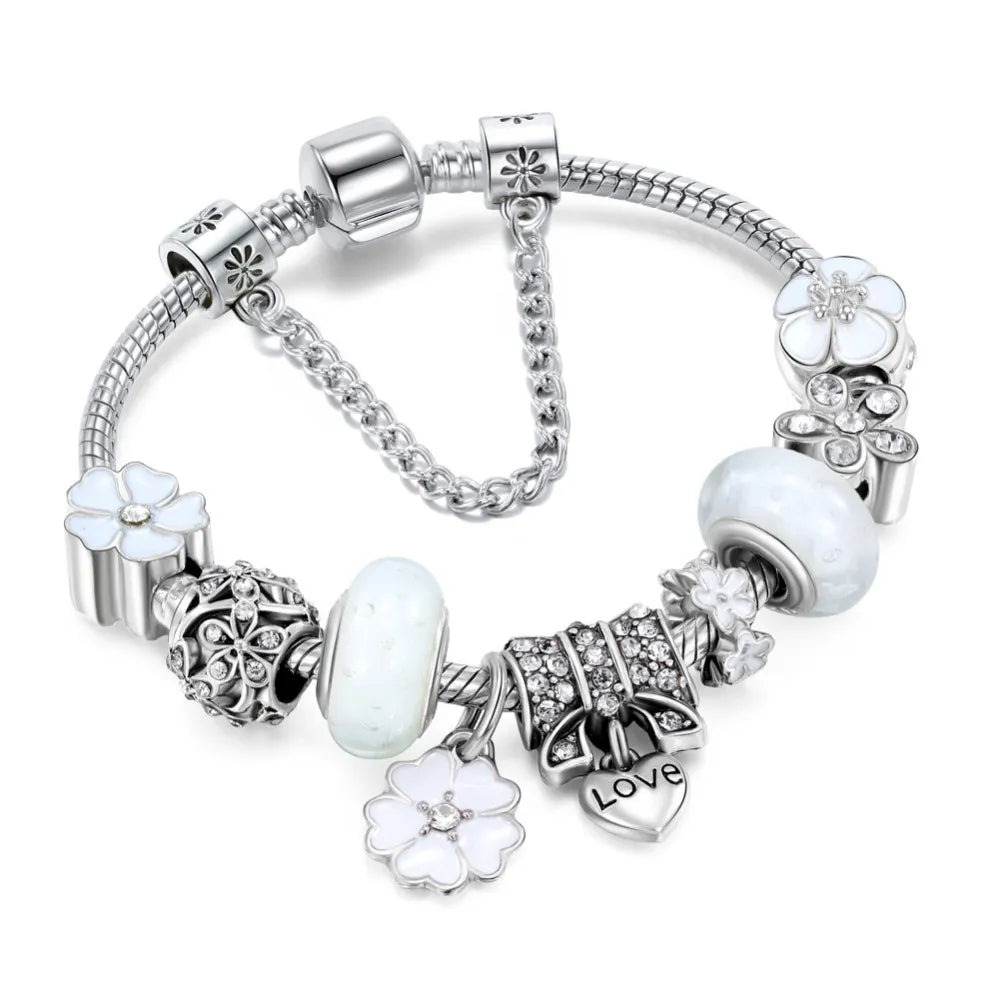 CharmBracelet 925 - Elegante Zilveren Armband met Bloemen