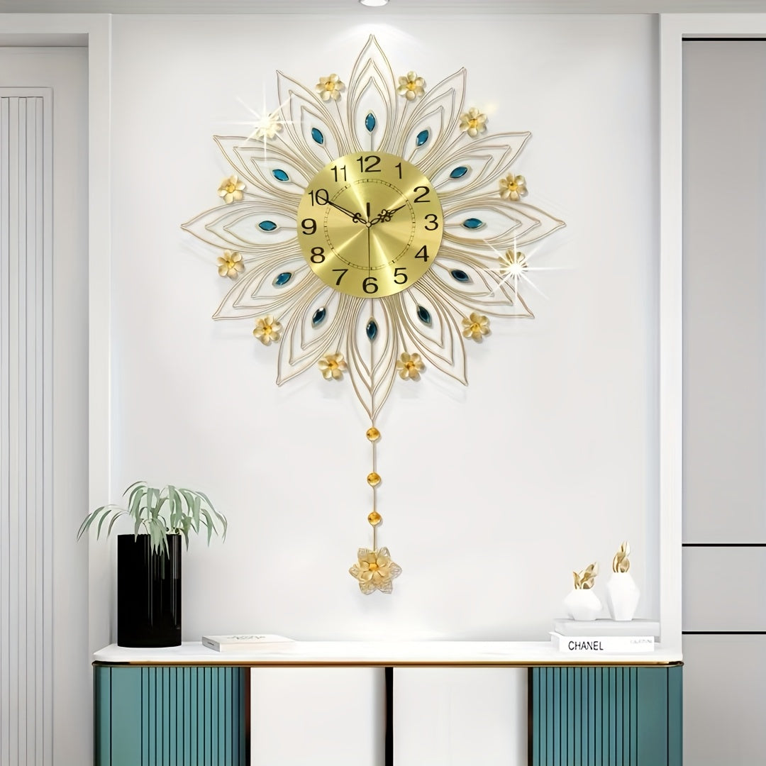 GoldenBloom Clock - Luxe Stille Wandklok met Bloemen
