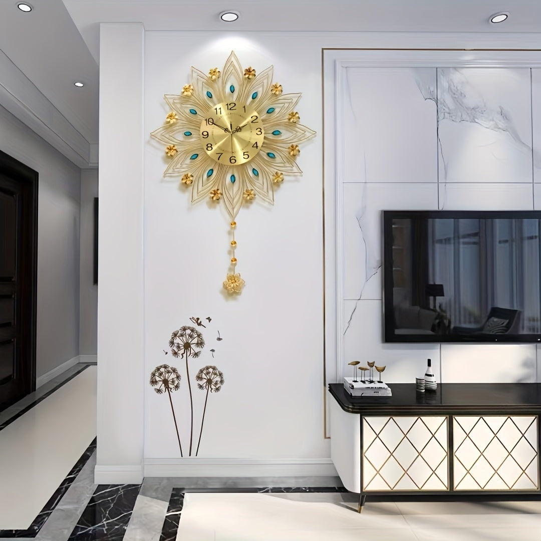 GoldenBloom Clock - Luxe Stille Wandklok met Bloemen