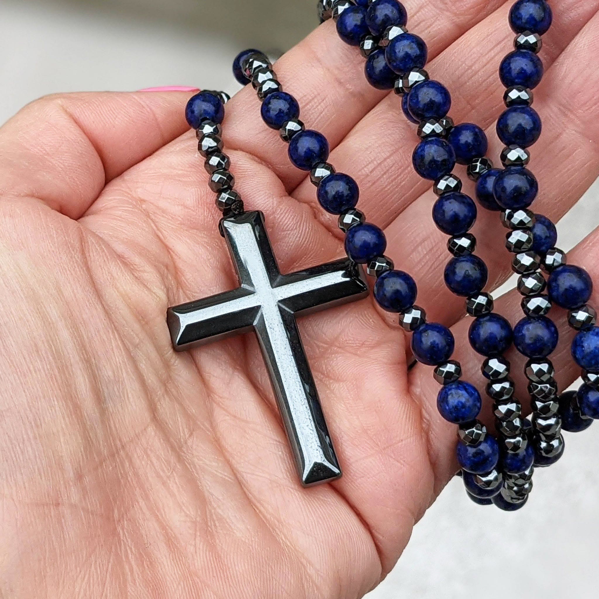 Stylish Men's Tiger Eye and Lapis Lazuli Cross Rosary Necklace - Orion Collection