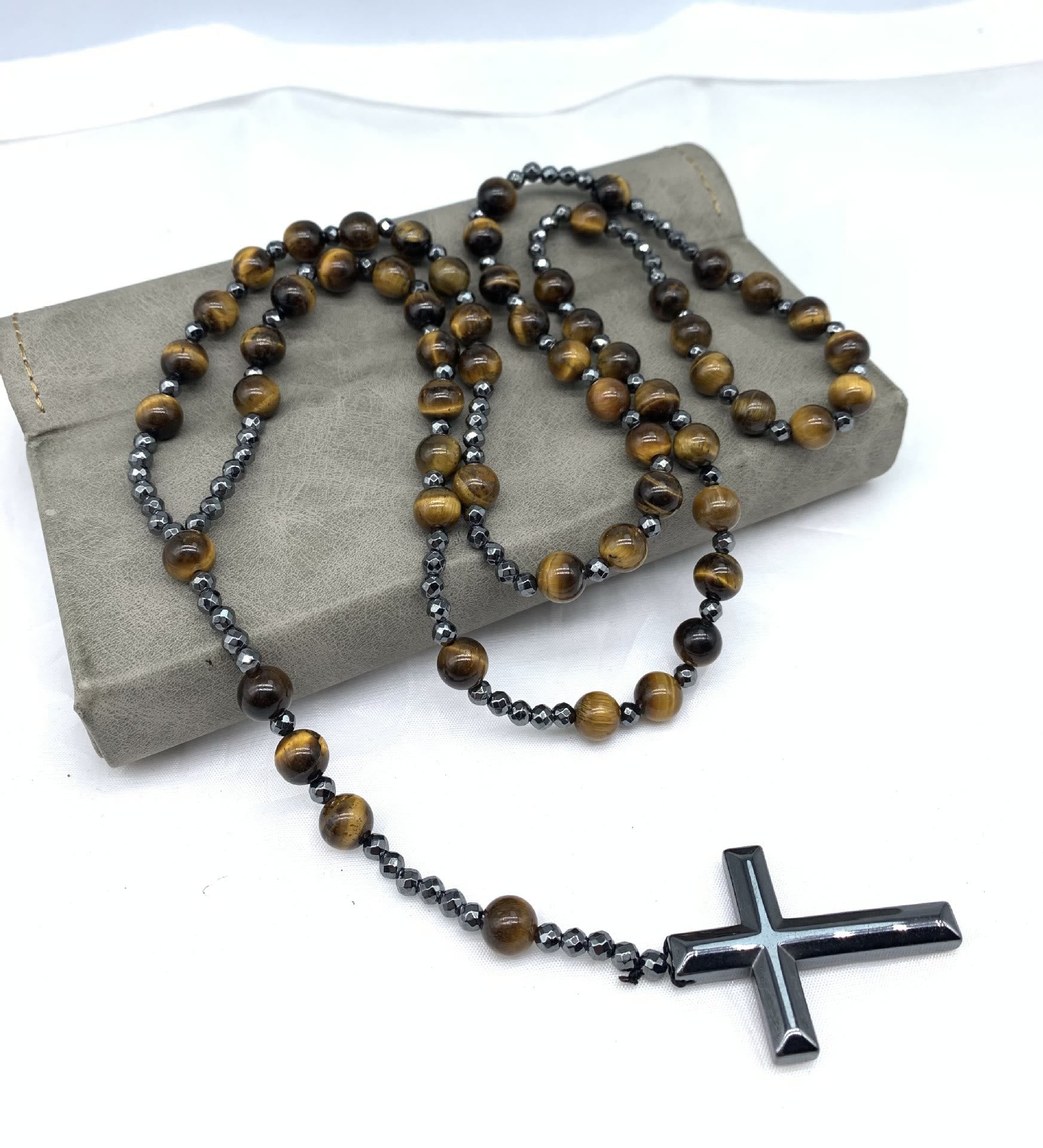 Stylish Men's Tiger Eye and Lapis Lazuli Cross Rosary Necklace - Orion Collection