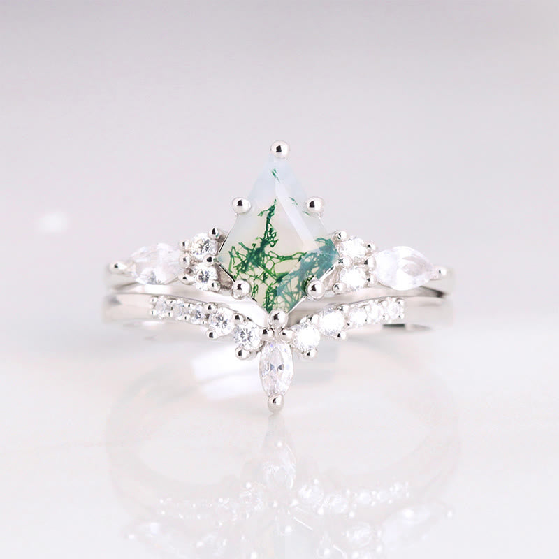 Elegante 2-delige Moosagaat Ring Set - Serenia