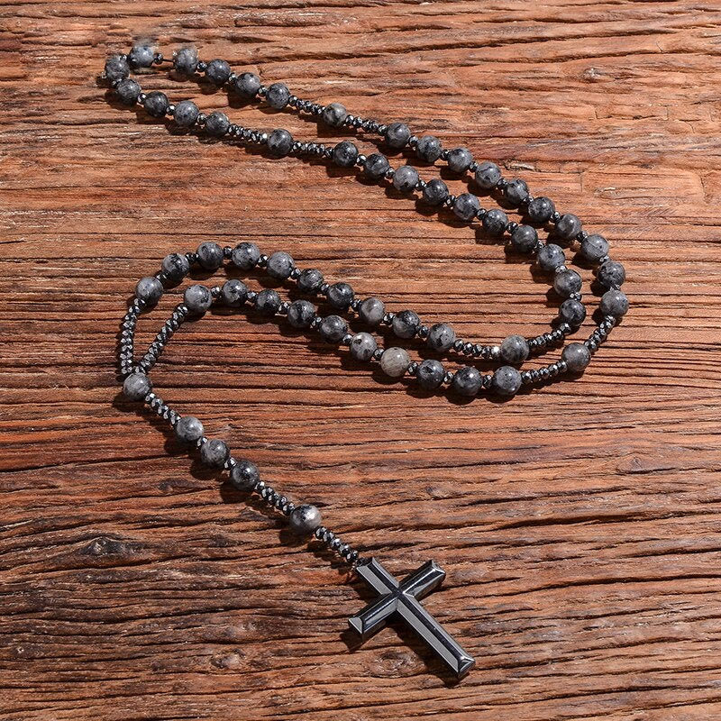 Stylish Men's Tiger Eye and Lapis Lazuli Cross Rosary Necklace - Orion Collection