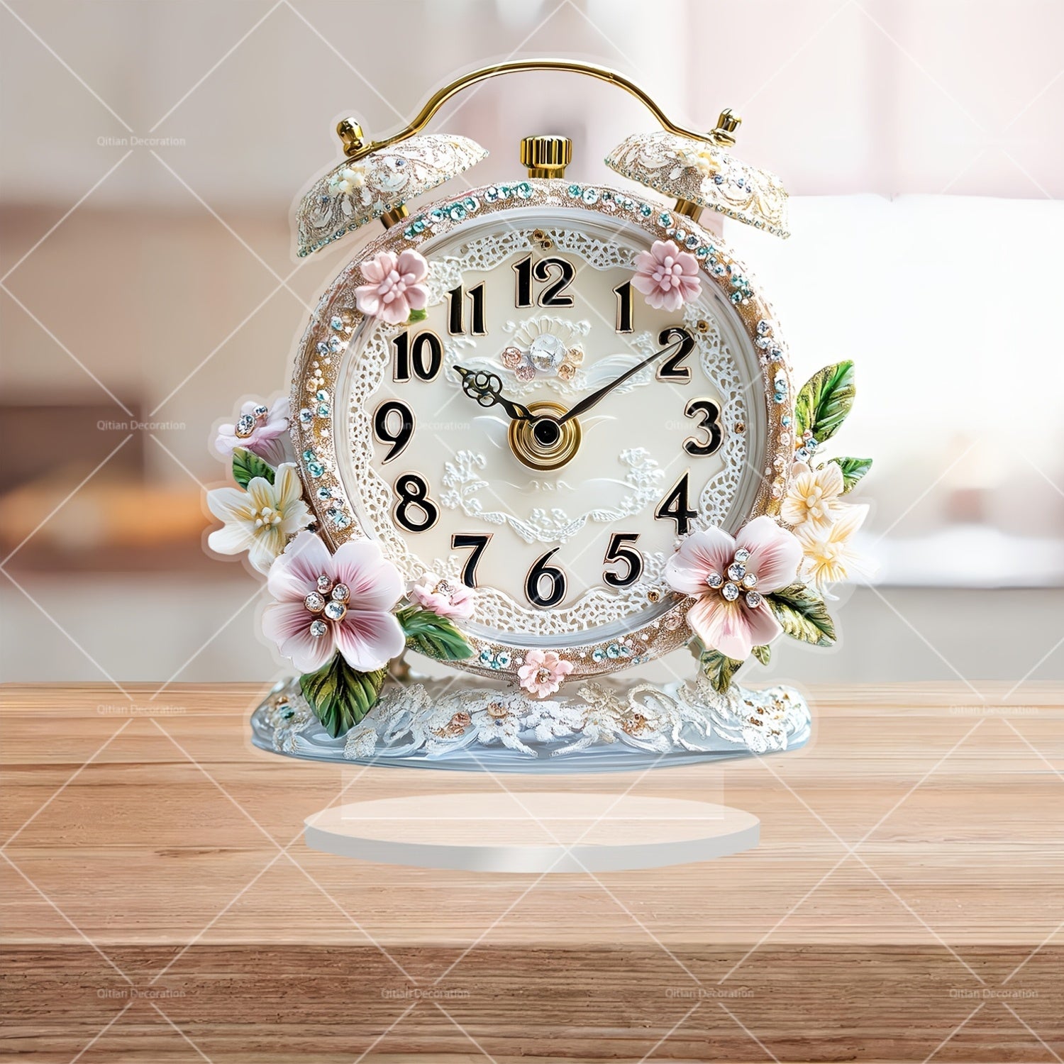 GlamTime Clock - Luxe Acryl Bloemen Wecker met Edelsstenen