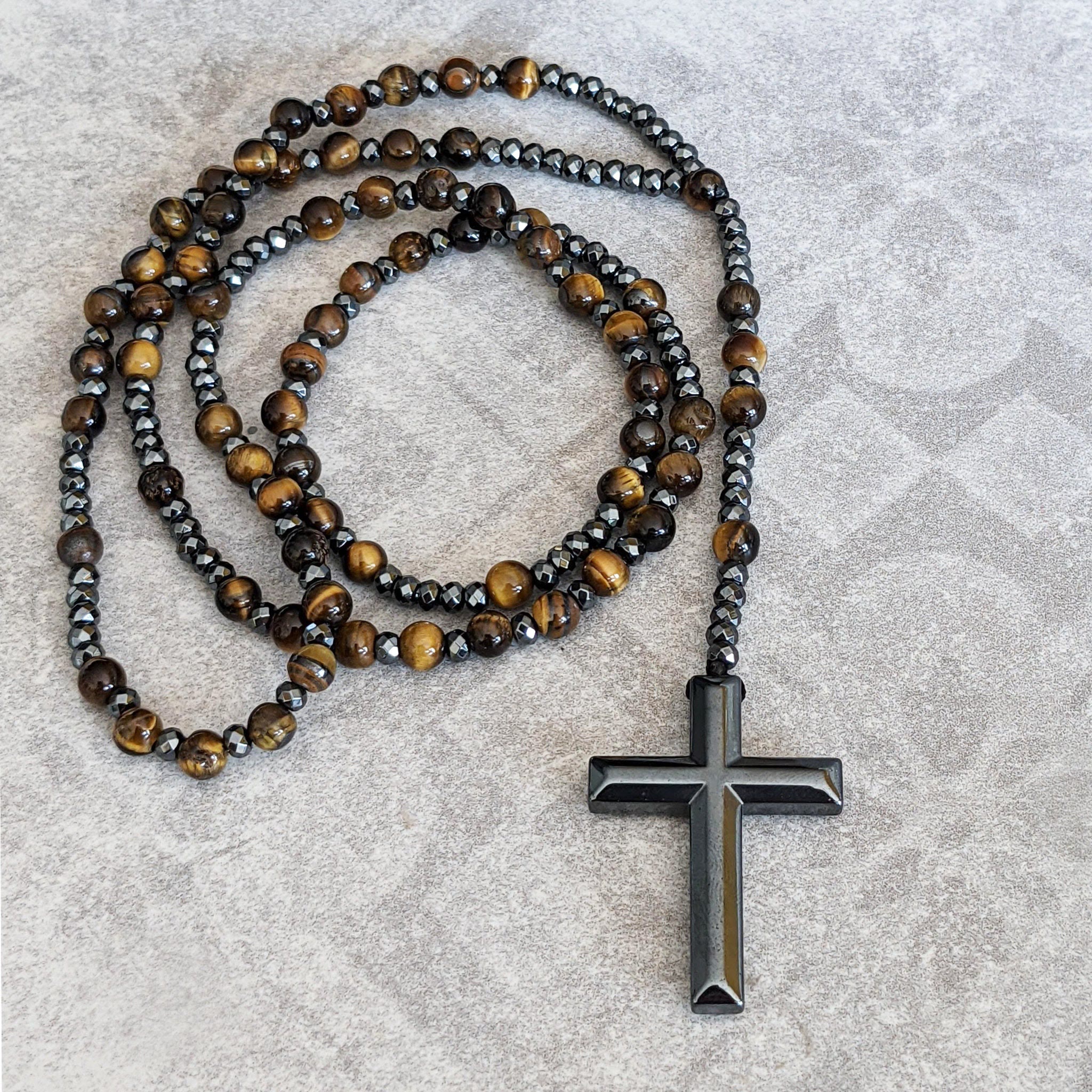 Stylish Men's Tiger Eye and Lapis Lazuli Cross Rosary Necklace - Orion Collection