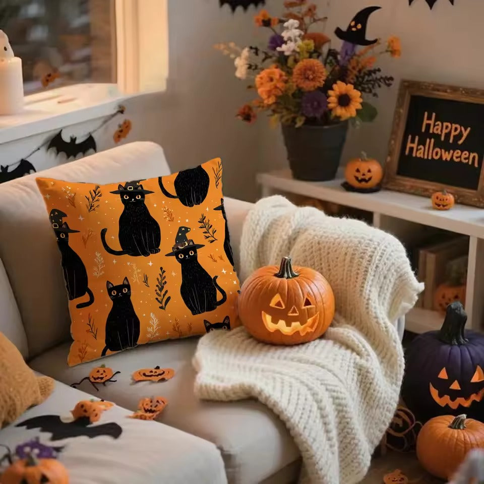 Halloween Kussenhoes – Pompoen en Katten Design voor Bank en Slaapkamer