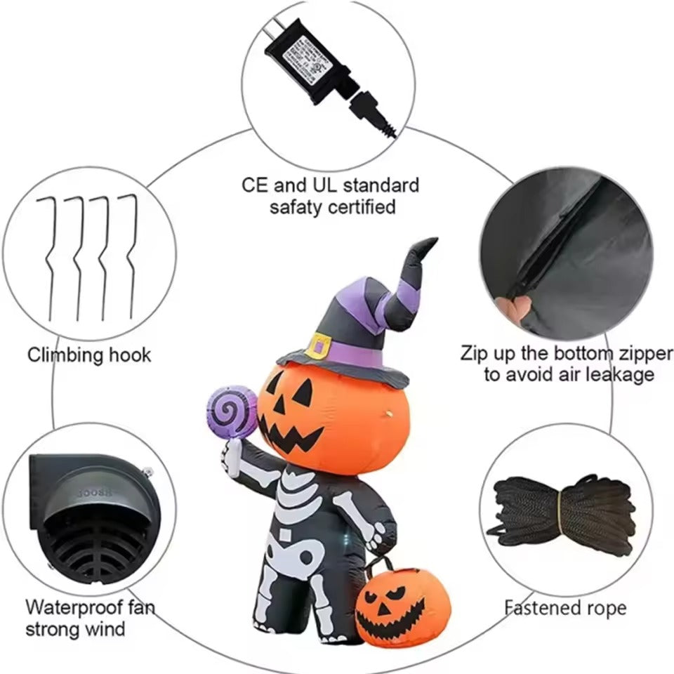 Halloween Opblaasbare Pompoen Skelet 1.7M met Spook en LED Verlichting