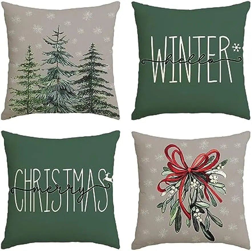 Kerst Kussenhoes - Festieve Kussenhoes met Kerstboom en Winterthema - Groen 45x45 cm
