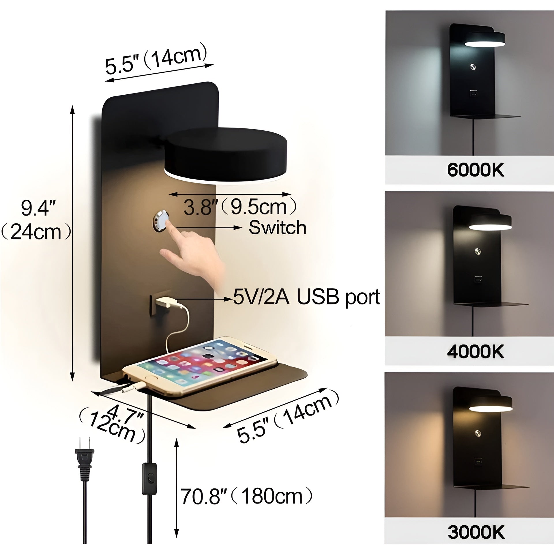 ChargeBright Luxe LED Wandlamp met USB Oplaadpoort - Modern Zwart-Wit Ontwerp