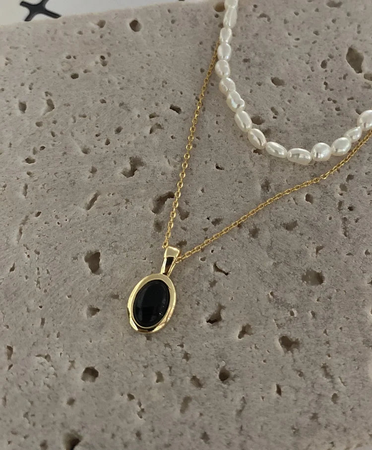 Elegante Zwarte Onyx en Parel Stapelketting - Aria Collectie