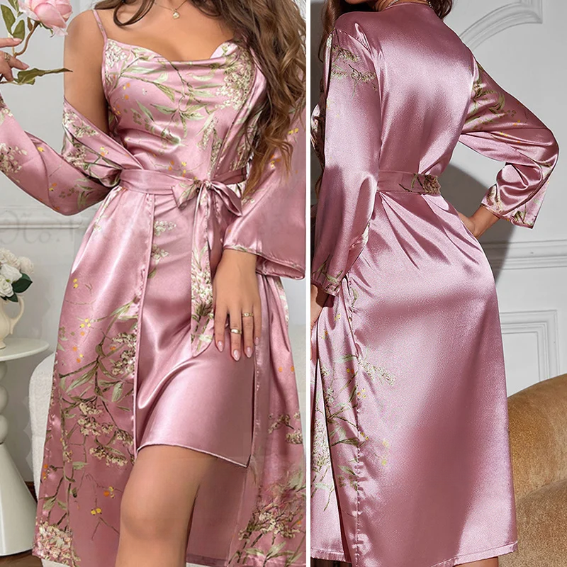 SatinDreams Kimono Set - Elegante Bloemen Nachtmode