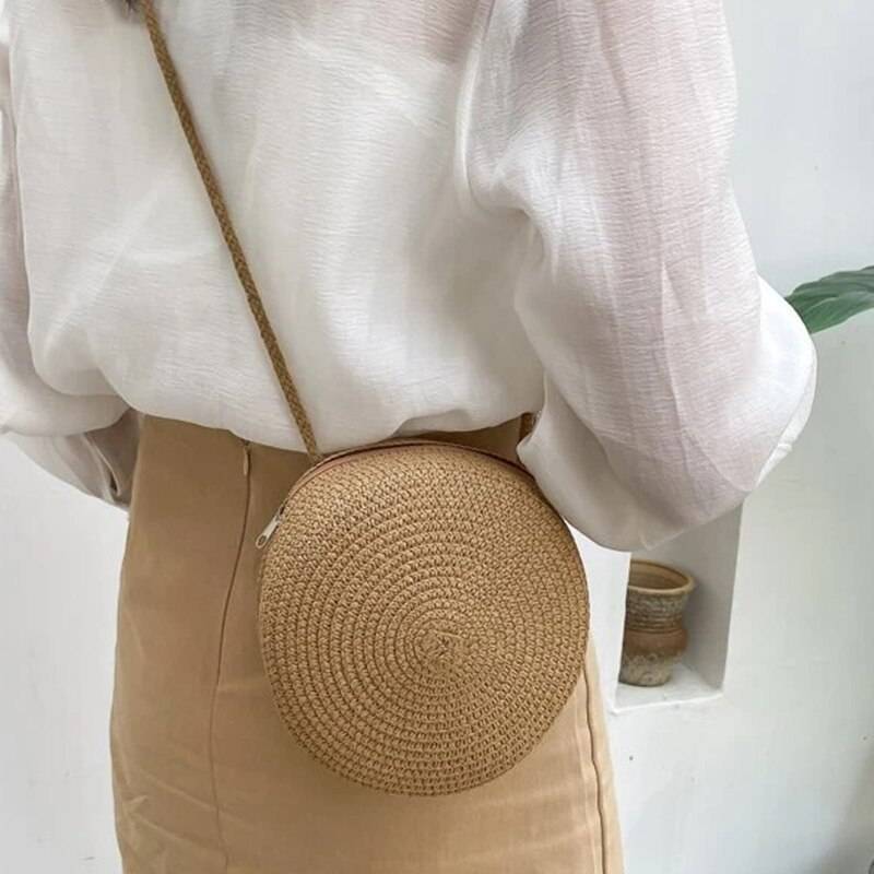 BellaRound Bag - Elegante Ronde Stro Schoudertas