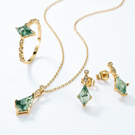Elegant Moosagaat en Witte Zirkon Sieraad Set - Lana