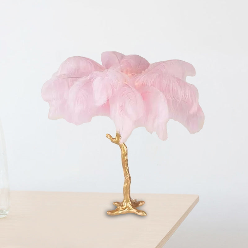 FeatherLuxe - Artistieke Veer Tafellamp in Roze en Goud