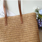 SummerBreeze Tote - Stijlvolle Rieten Tas met Leren Handvatten