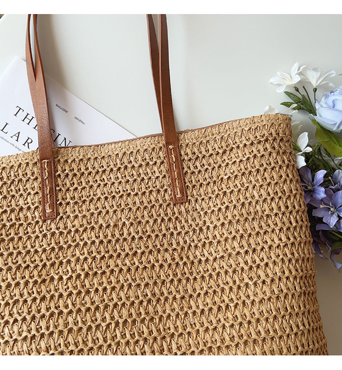 SummerBreeze Tote - Stijlvolle Rieten Tas met Leren Handvatten