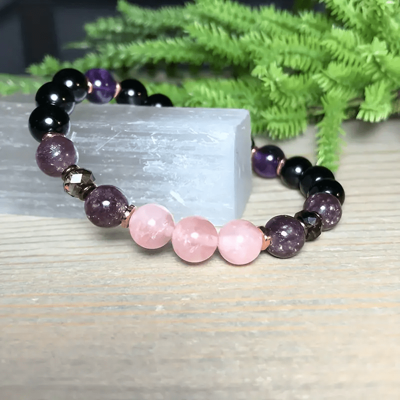 Aurora 8mm Rose Quartz, Obsidian & Amethyst Beaded Bracelet