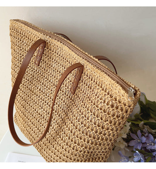SummerBreeze Tote - Stijlvolle Rieten Tas met Leren Handvatten