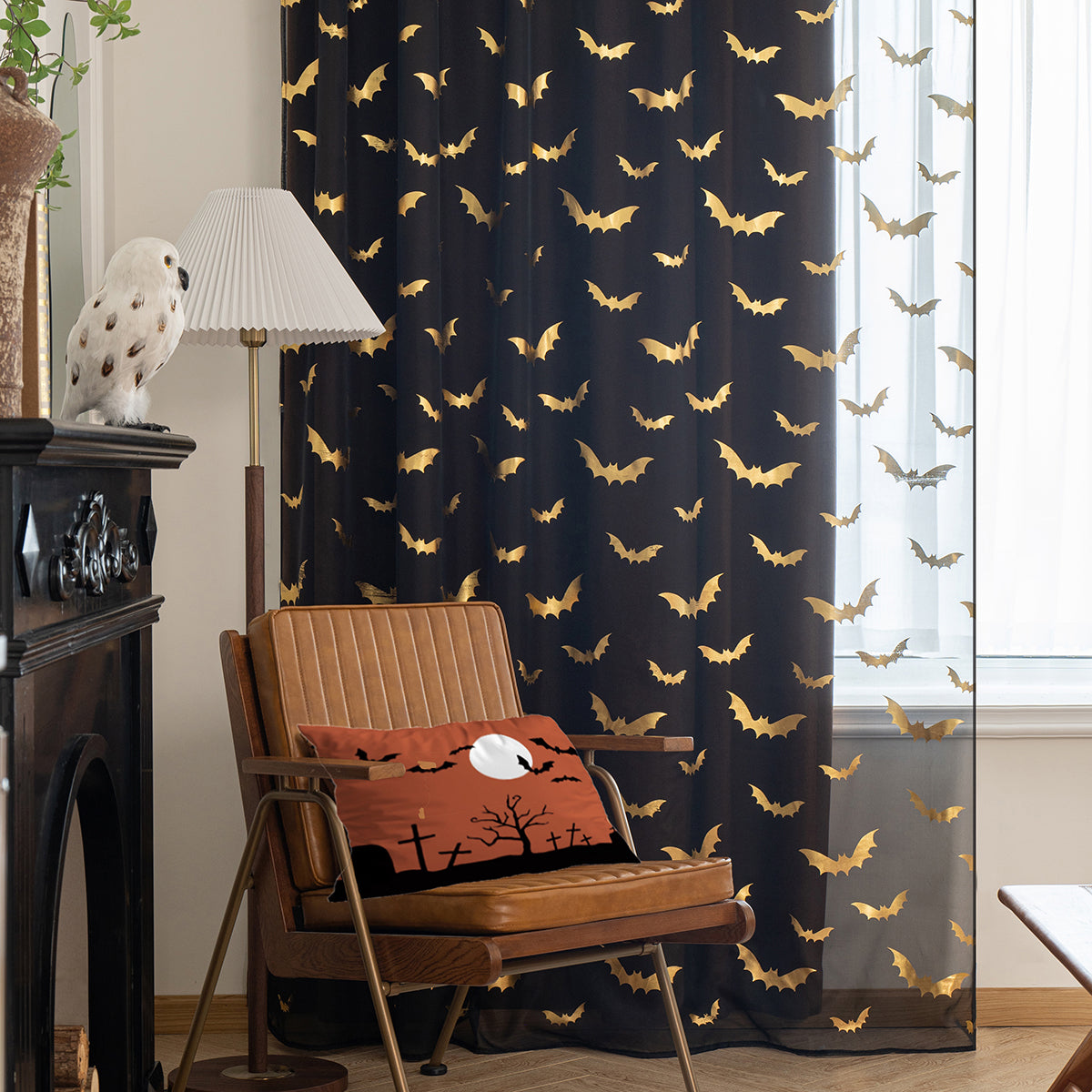 BatGlow Curtains - Elegant Vleermuisprint van Transparant Polyester